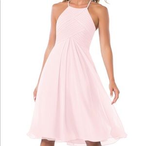 Blushing pink Azazie Adriana bridesmaid dress
